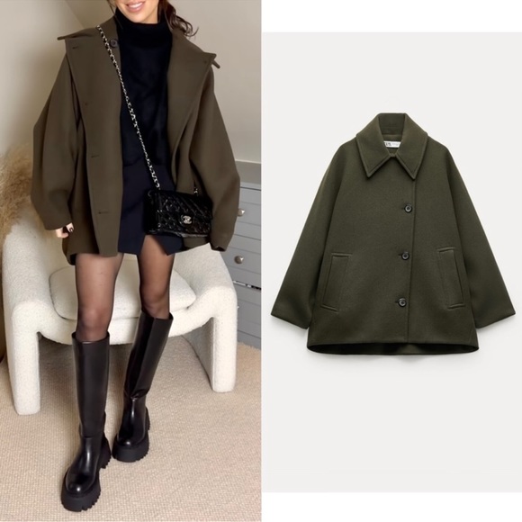 Elegant Khaki Green Wool Blend Long Sleeve Overcoat for Stylish Warmth